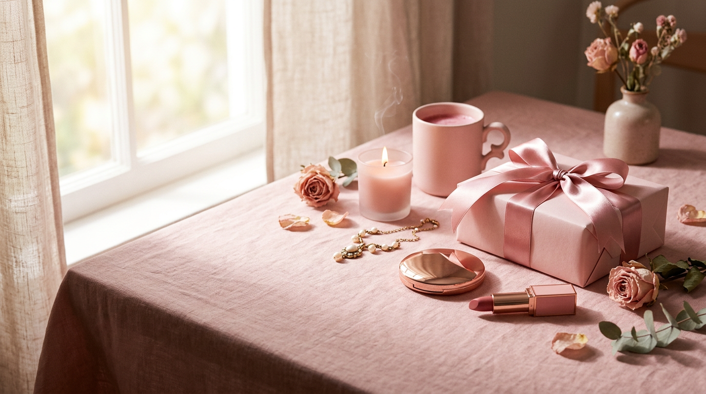 A pink tabletop with a wrapped gift, a candle, lipstick and roses